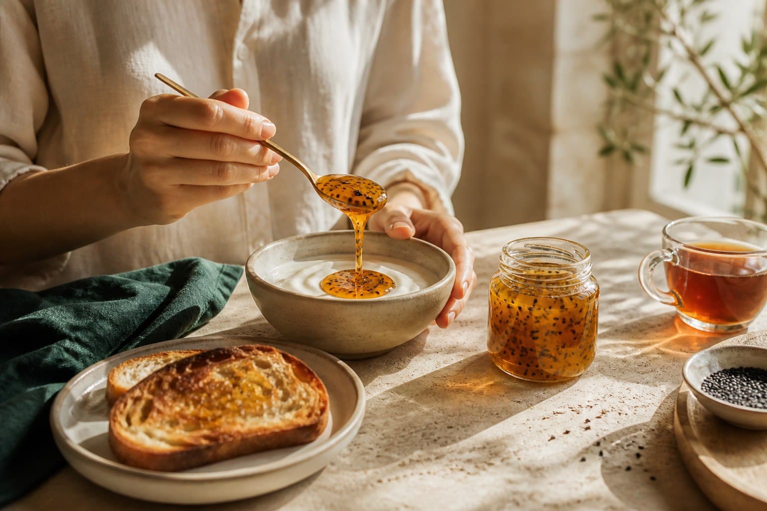 An adult adding Baraka-style seeded honey to yogurt at breakfast