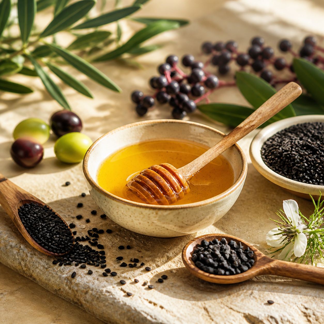 Golden honey, black seeds, and olives arranged in warm Mediterranean light