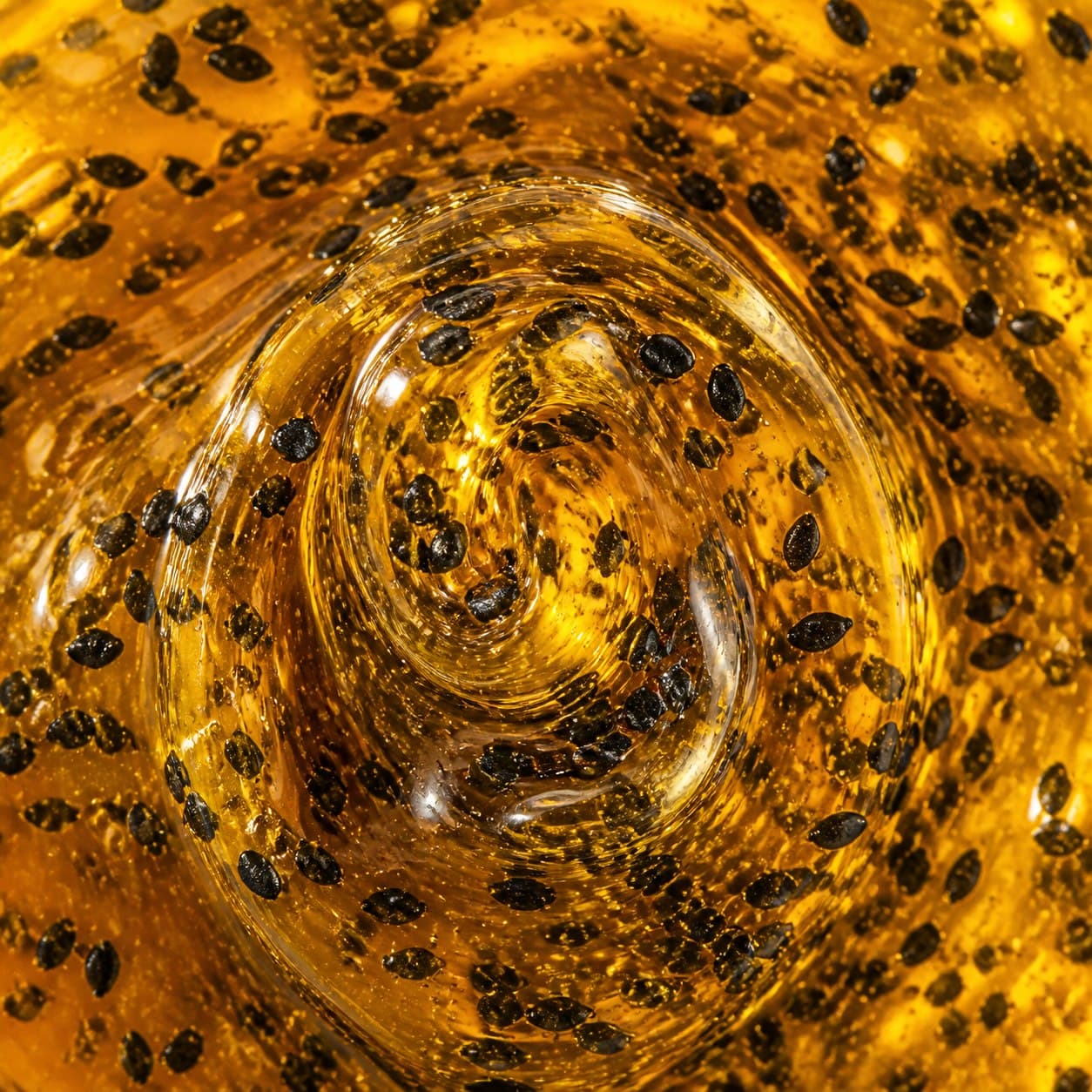 Close-up of golden honey swirled with black seed and black sesame